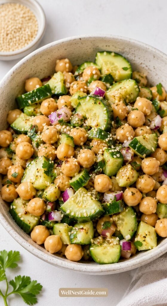 A bowl of chickpea salad with sliced cucumbers, chopped red onions, fresh parsley, and a sprinkle of sesame seeds—one of our easy estrogen recipes. A dish with sesame seeds is in the background.