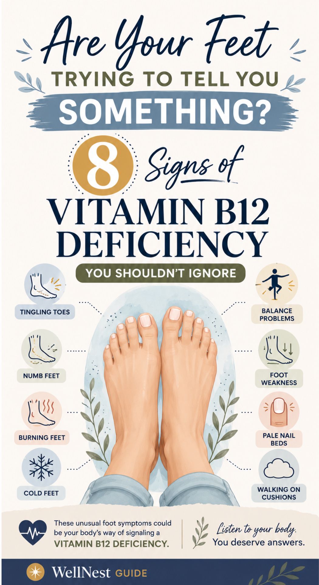 Infographic showing bare feet and listing 8 foot symptoms of vitamin B12 deficiency: tingling toes, numb feet, burning feet, cold feet, balance problems, foot weakness, pale nail beds, and walking on cushions.