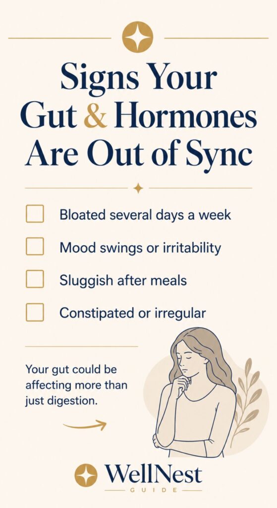 Infographic titled Signs Your Gut & Hormones Are Out of Sync, with checkboxes for bloating and bad moods, sluggishness after meals, and constipation, plus an illustration of a thoughtful woman. WellNest Guide logo at the bottom.