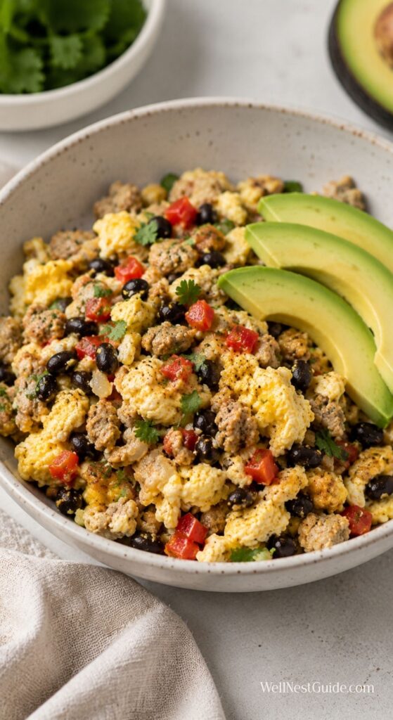 A bowl of scrambled eggs with sausage, black beans, red peppers, and herbs, topped with sliced avocado—perfect for those seeking fat loss breakfast ideas. A bowl of cilantro and a halved avocado are in the background.