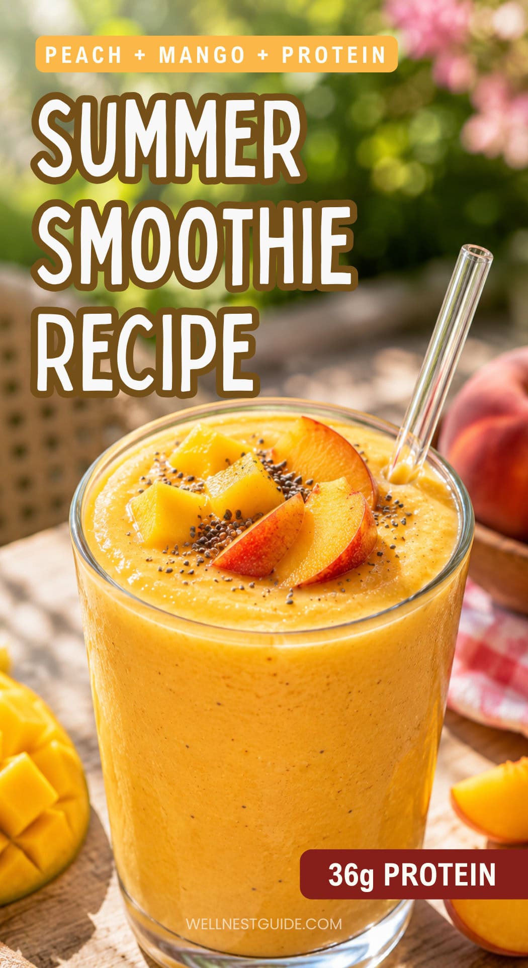 A glass of peach mango smoothie topped with peach slices and chia seeds sits on a wooden table outside. Text reads: Peach + Mango + Protein Summer Smoothie Recipe, 36g Protein—perfect for a refreshing summer breakfast. Sliced mango and peaches nearby.