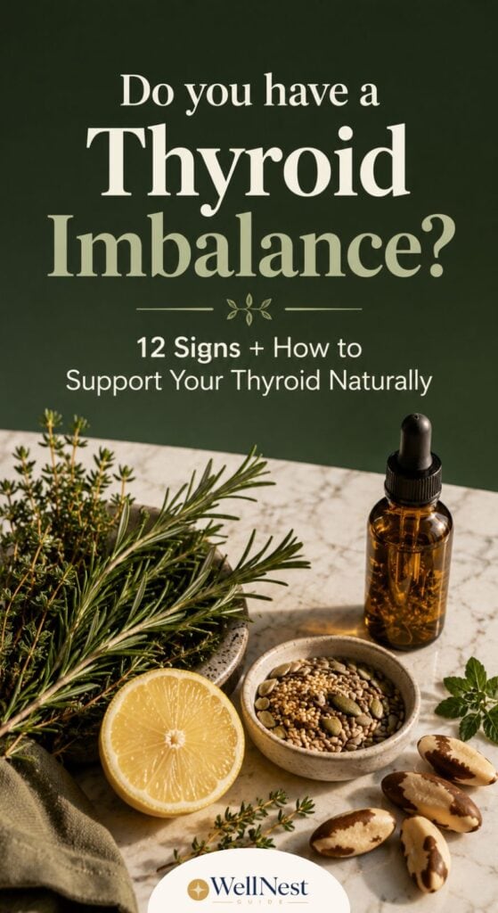 A green and beige graphic asks, Do you have a Thyroid Imbalance? 12 Thyroid Symptoms + How to Support Your Thyroid Naturally. Herbs, a dropper bottle, seeds, and Brazil nuts are displayed on a marble surface. WellNest logo at bottom.