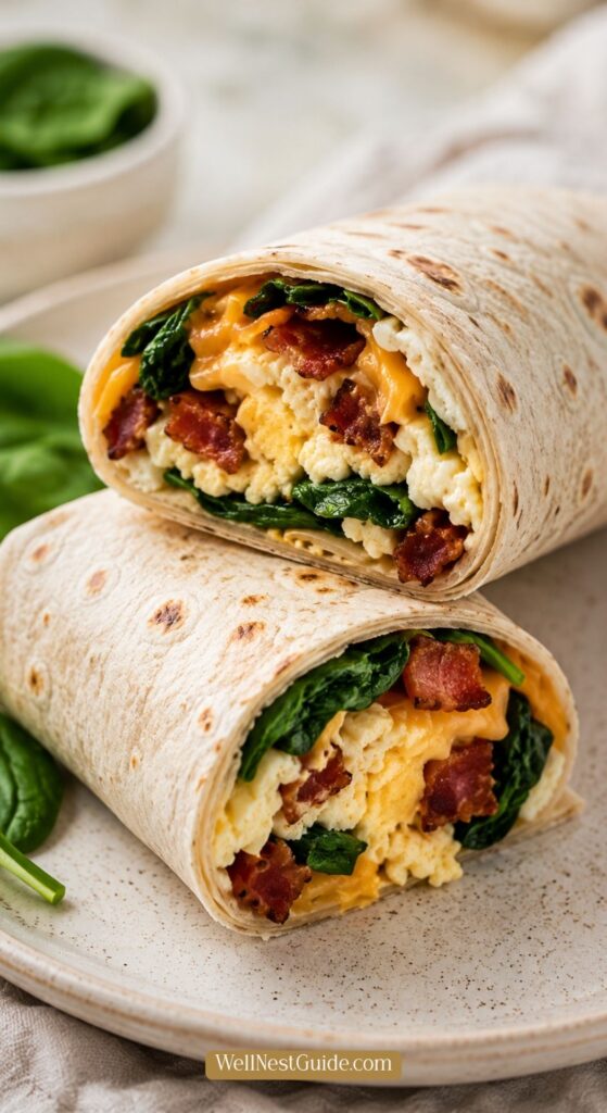 A breakfast burrito cut in half, filled with scrambled eggs, melted cheddar cheese, spinach, and crispy bacon, sits on a plate with fresh spinach leaves—perfect for those seeking delicious fat loss breakfast ideas.