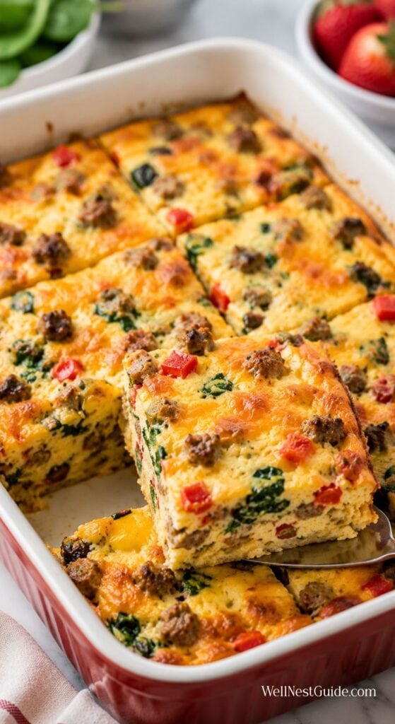 A baked breakfast casserole in a red dish, sliced into squares—an excellent choice for fat loss breakfast ideas. Made with eggs, sausage, spinach, and red bell peppers. A spatula lifts a piece while fresh strawberries and spinach add color in the background.