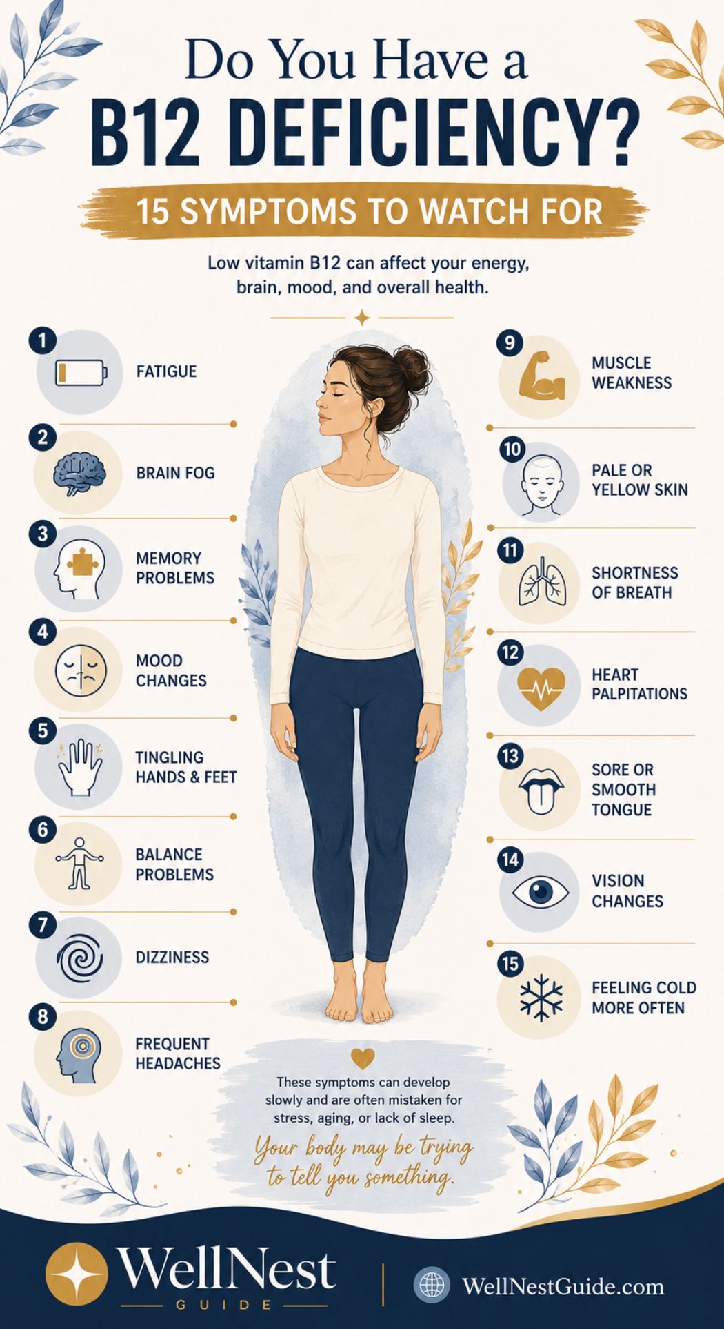 Infographic titled Do You Have a Vitamin B12 Deficiency? shows a woman surrounded by 15 strange symptoms to watch for—fatigue, brain fog, memory problems, mood changes, tingling, balance issues, and more. WellNest Guide branding at bottom.