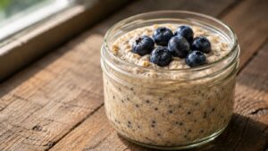 A glass jar filled with Vanilla Chia Protein Overnight Oats, low in sugar and topped with fresh blueberries, sits on a rustic wooden table near a window.