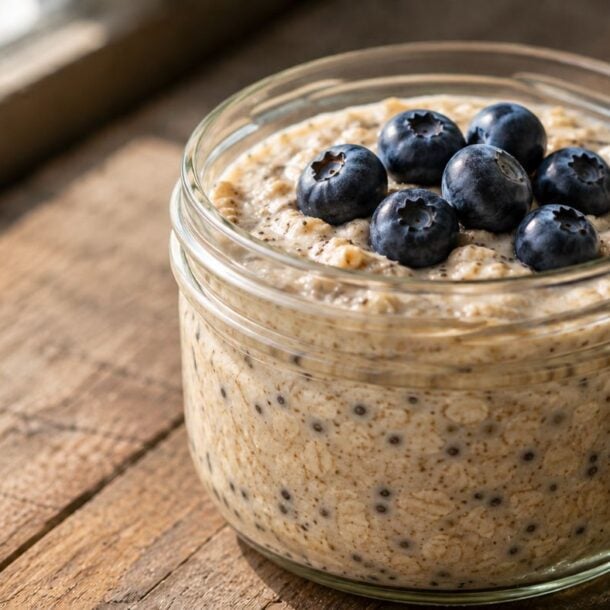 A glass jar filled with Vanilla Chia Protein Overnight Oats, low in sugar and topped with fresh blueberries, sits on a rustic wooden table near a window.