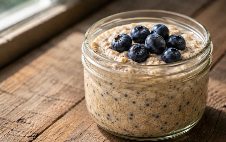 A glass jar filled with Vanilla Chia Protein Overnight Oats, low in sugar and topped with fresh blueberries, sits on a rustic wooden table near a window.
