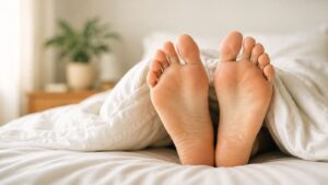 A close-up of two bare feet sticking out from under a white blanket on a bed, with a blurred green plant and wooden nightstand in the background—an image that could hint at strange foot symptoms like those caused by vitamin B12 deficiency.