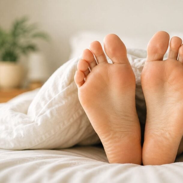 A close-up of two bare feet sticking out from under a white blanket on a bed, with a blurred green plant and wooden nightstand in the background—an image that could hint at strange foot symptoms like those caused by vitamin B12 deficiency.