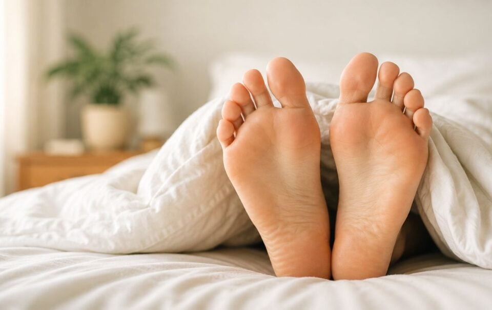 A close-up of two bare feet sticking out from under a white blanket on a bed, with a blurred green plant and wooden nightstand in the background—an image that could hint at strange foot symptoms like those caused by vitamin B12 deficiency.