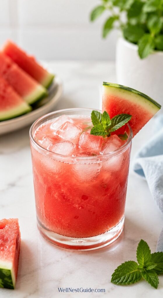 A glass of iced watermelon juice, known for being one of the best metabolism booster drinks, is garnished with a watermelon wedge and mint sprig on a marble surface, with watermelon slices and a potted mint plant in the background.