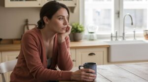 A woman sits at a kitchen table, holding a mug and resting her face on her hand, looking thoughtfully out the window—perhaps reflecting on bad moods or bloating, while sunlight streams into the bright kitchen with its light cabinets and plant by the sink.