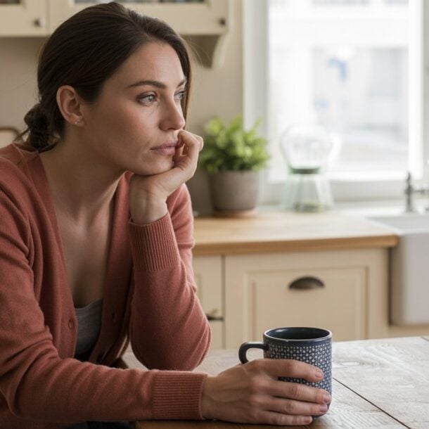 A woman sits at a kitchen table, holding a mug and resting her face on her hand, looking thoughtfully out the window—perhaps reflecting on bad moods or bloating, while sunlight streams into the bright kitchen with its light cabinets and plant by the sink.