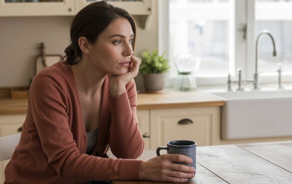 A woman sits at a kitchen table, holding a mug and resting her face on her hand, looking thoughtfully out the window—perhaps reflecting on bad moods or bloating, while sunlight streams into the bright kitchen with its light cabinets and plant by the sink.
