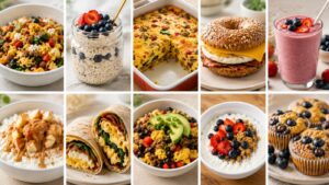 A collage of ten fat loss breakfast ideas, including oatmeal, overnight oats with blueberries, egg casserole, egg sandwich on a bagel, berry smoothie, apple cinnamon oatmeal, egg and veggie wrap, avocado scramble, yogurt with berries, and blueberry muffins.