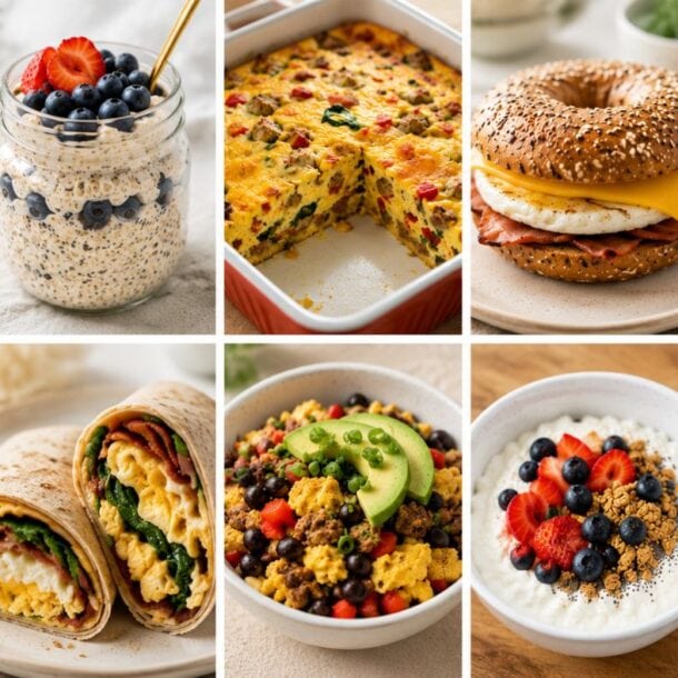 A collage of ten fat loss breakfast ideas, including oatmeal, overnight oats with blueberries, egg casserole, egg sandwich on a bagel, berry smoothie, apple cinnamon oatmeal, egg and veggie wrap, avocado scramble, yogurt with berries, and blueberry muffins.
