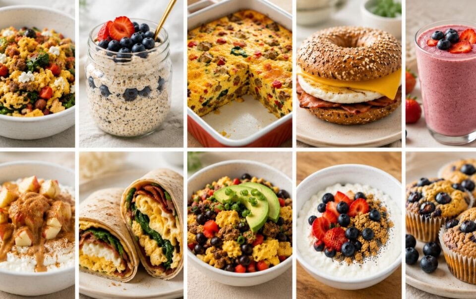 A collage of ten fat loss breakfast ideas, including oatmeal, overnight oats with blueberries, egg casserole, egg sandwich on a bagel, berry smoothie, apple cinnamon oatmeal, egg and veggie wrap, avocado scramble, yogurt with berries, and blueberry muffins.