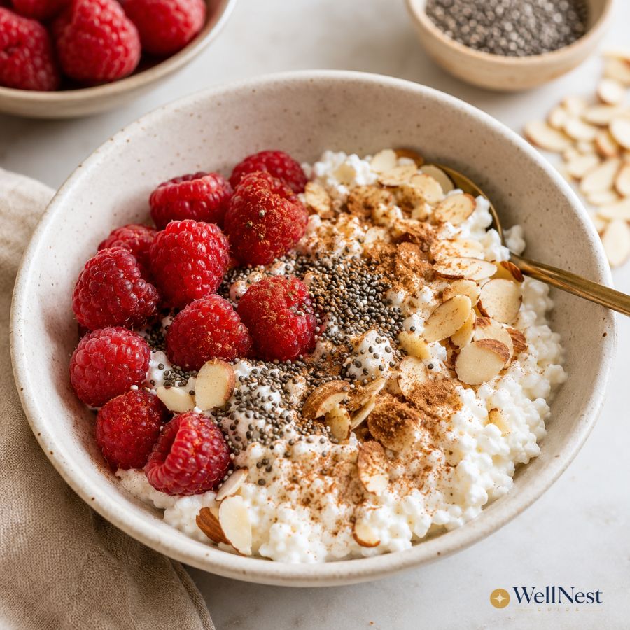 A bowl of cottage cheese topped with fresh raspberries, chia seeds, sliced almonds, and a sprinkle of cinnamon makes a perfect no-cook meal. A gold spoon rests alongside nearby bowls of raspberries, chia seeds, and almond slices.