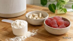 A scoop of white powder, a bowl of white capsules, and a bowl of red gummy collagen supplements sit on a wooden surface with a plant and container in the background. The WellNest logo is visible in the corner.
