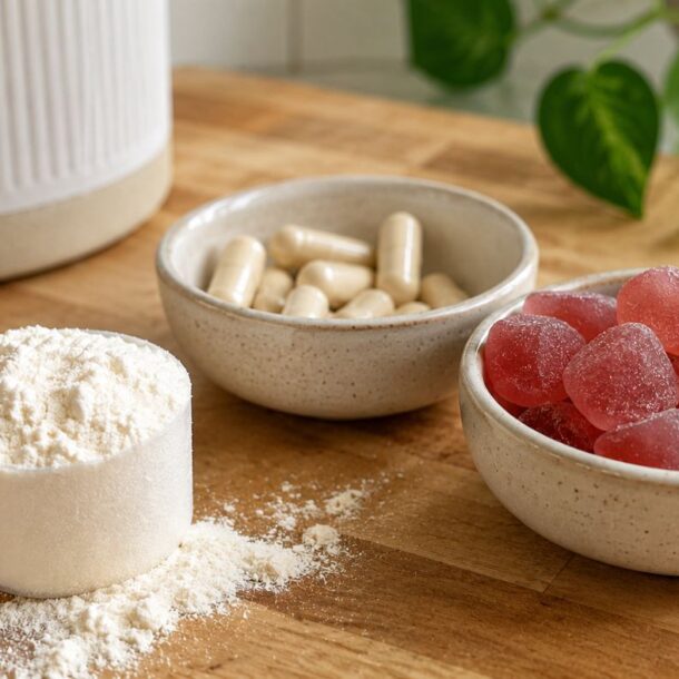 A scoop of white powder, a bowl of white capsules, and a bowl of red gummy collagen supplements sit on a wooden surface with a plant and container in the background. The WellNest logo is visible in the corner.