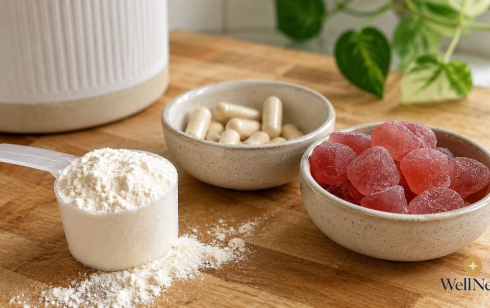 A scoop of white powder, a bowl of white capsules, and a bowl of red gummy collagen supplements sit on a wooden surface with a plant and container in the background. The WellNest logo is visible in the corner.