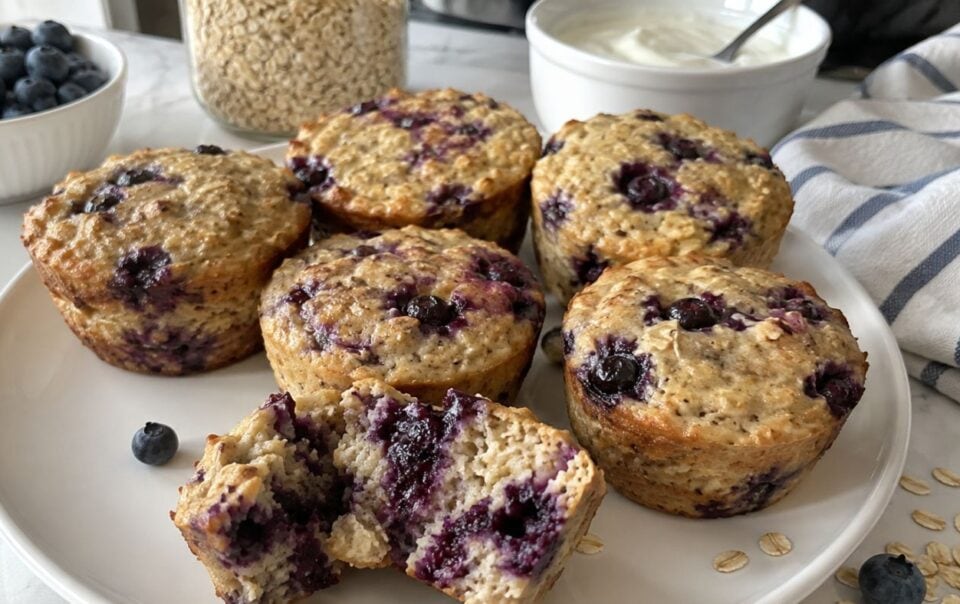 Six blueberry muffins on a white plate, one muffin broken open to show the inside. Reminiscent of blueberry cheesecake, these high-protein baked oatmeal cups are surrounded by fresh blueberries, oats, yogurt, and a striped napkin on the marble countertop.