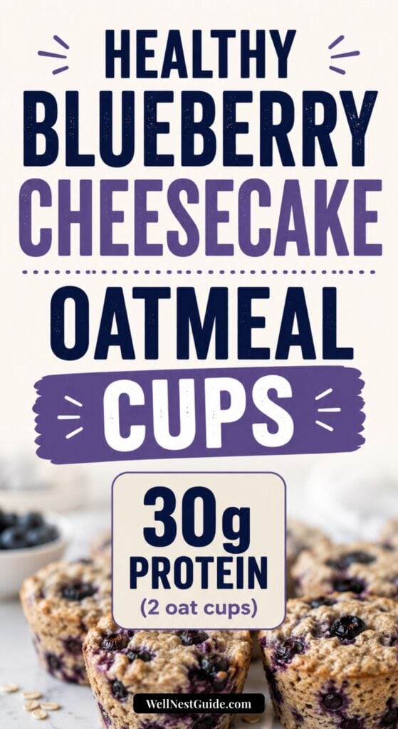 Text reads: Healthy Blueberry Cheesecake Oatmeal Cups. These high-protein oatmeal cups pack 30g protein (2 oat cups) and make a delicious, freezer-friendly breakfast. Image shows Blueberry Cheesecake Baked Oatmeal cups with blueberries on a light background.