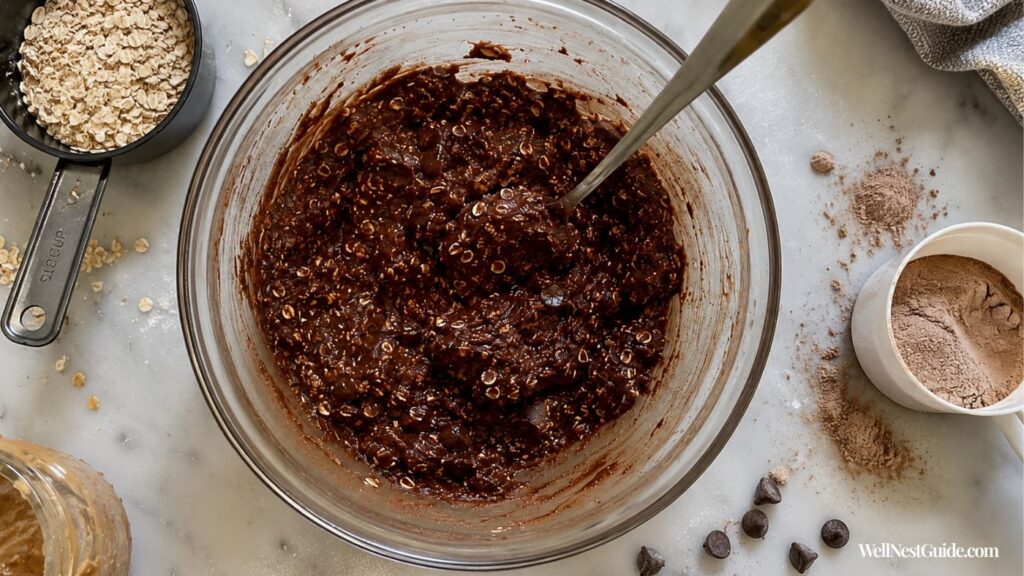 A glass bowl with a chocolate oat mixture being stirred with a spoon, surrounded by a measuring cup of oats, a cup of cocoa powder, chocolate chips, and a jar of peanut butter on a marble surface—perfect for making Cottage Cheese Brownie Batter Protein Bites.