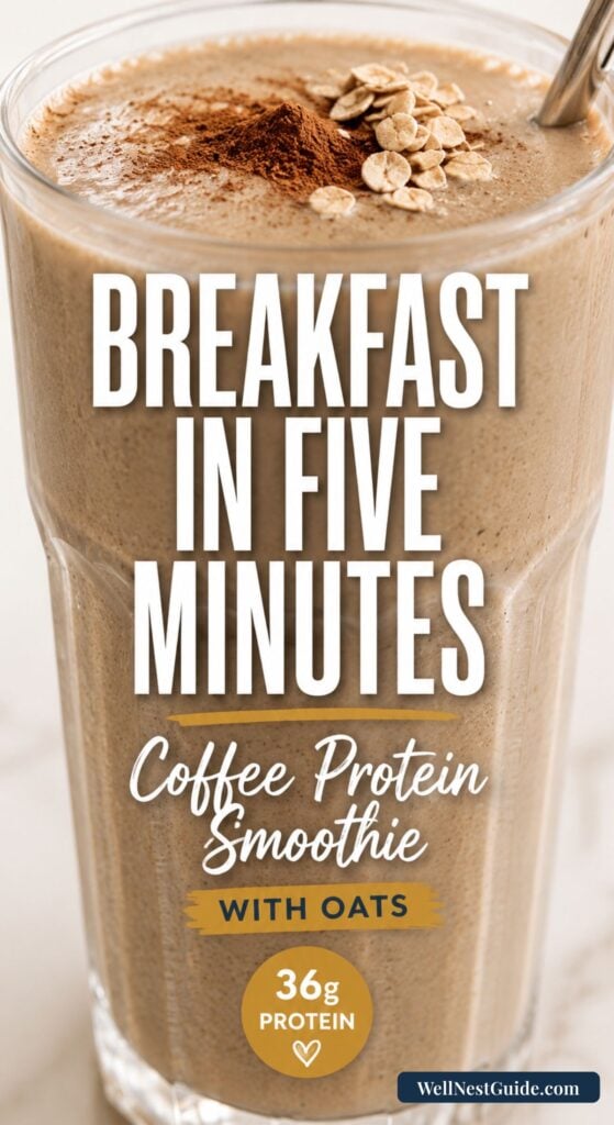 A glass of rich coffee protein smoothie topped with oats and a sprinkle of cinnamon. Text over the glass reads: Breakfast in five minutes. High-protein breakfast—coffee protein smoothie with oats. 36g protein. A small WellNestGuide.com label appears at the bottom.