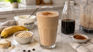 A glass of coffee protein smoothie topped with cinnamon sits on a counter with a banana, oats, yogurt, a bottle of coffee, a scoop of protein powder, and a blender nearby. Everything is arranged on a bright kitchen surface—a perfect setup for preparing a high-protein breakfast.