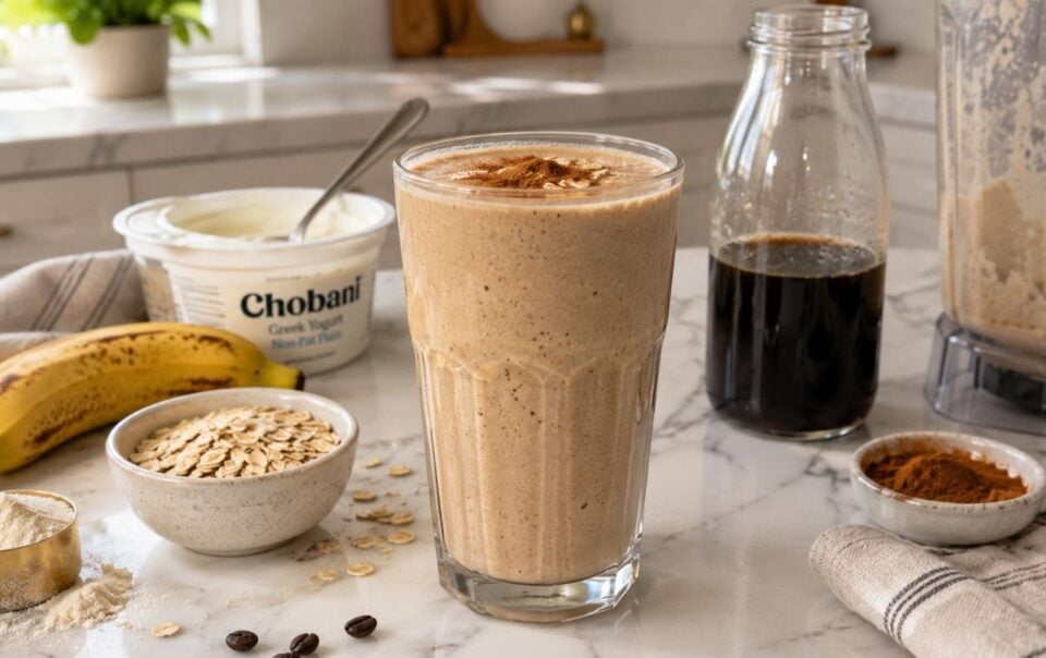 A glass of coffee protein smoothie topped with cinnamon sits on a counter with a banana, oats, yogurt, a bottle of coffee, a scoop of protein powder, and a blender nearby. Everything is arranged on a bright kitchen surface—a perfect setup for preparing a high-protein breakfast.