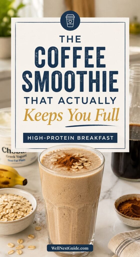 A Coffee Protein Smoothie topped with oats and cinnamon sits on a table with scattered oats, a banana, yogurt, and coffee. Text overlay promotes this high-protein breakfast option—a coffee smoothie that keeps you full and energized all morning.