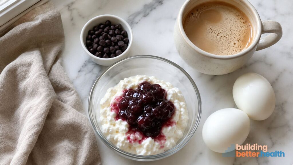 A bowl of cottage cheese with berry sauce, a cup of coffee, two hard-boiled eggs, and a small bowl of chocolate chips sit on a marble surface—an inviting spread that might appeal even if Zepbound changed taste preferences. “Building better health” text appears in the lower right corner.