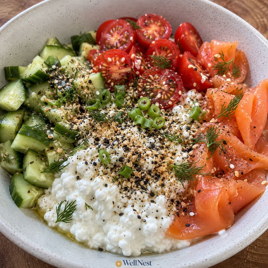 A bowl filled with cottage cheese, sliced cucumbers, halved cherry tomatoes, smoked salmon, chopped green onions, fresh dill, and a sprinkle of seasoning—perfect for quick and healthy no-cook meals.