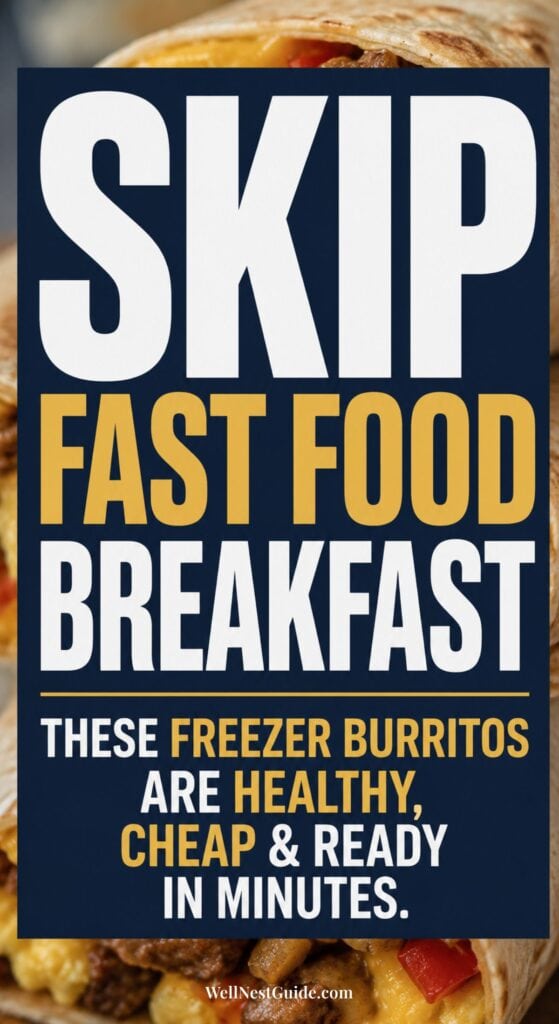 Text reads: Skip fast food breakfast. These Freezer Breakfast Burritos are high protein, healthy, cheap & ready in minutes—perfect for meal prep. Background shows burritos with eggs, cheese, and other fillings. Website: WellNestGuide.com.