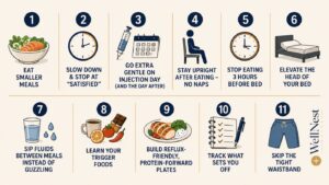 Infographic with 10 tips for managing acid reflux, including eating smaller meals, eating slowly, staying upright after eating, avoiding tight waistbands, and tracking trigger foods to help prevent heartburn. WellNest logo at the bottom right.