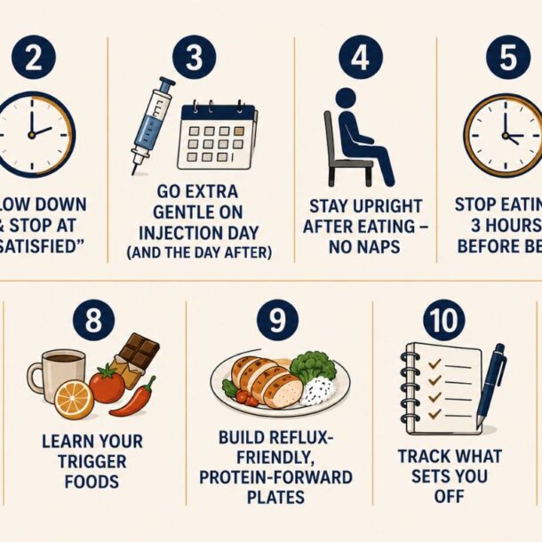 Infographic with 10 tips for managing acid reflux, including eating smaller meals, eating slowly, staying upright after eating, avoiding tight waistbands, and tracking trigger foods to help prevent heartburn. WellNest logo at the bottom right.