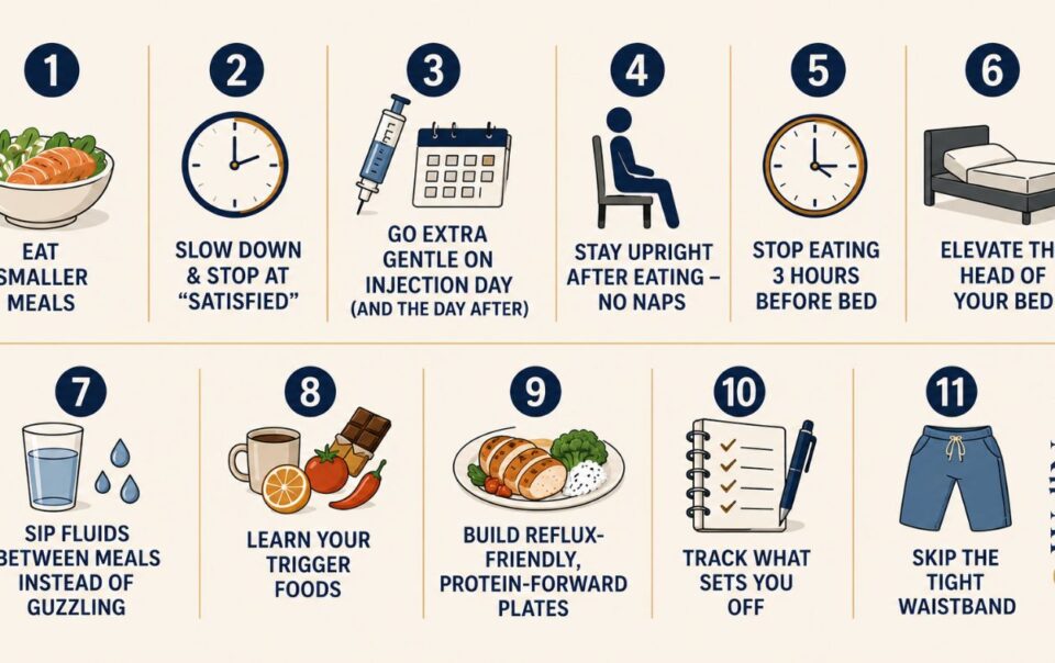 Infographic with 10 tips for managing acid reflux, including eating smaller meals, eating slowly, staying upright after eating, avoiding tight waistbands, and tracking trigger foods to help prevent heartburn. WellNest logo at the bottom right.