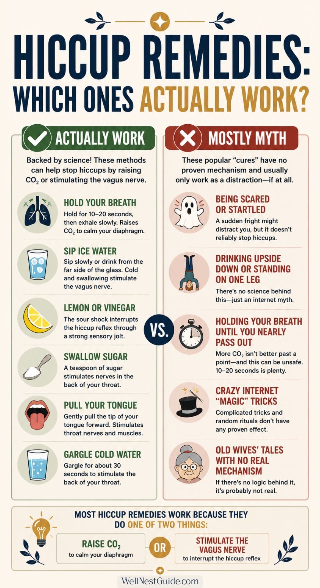 Infographic listing how to stop hiccups: “Actually Work” hiccups remedies like holding your breath, sipping cold water, lemon, or vinegar. “Mostly Myth” methods such as breathing into a bag, sugar, or being startled. Explains that most ways to get rid of hiccups don’t actually work.