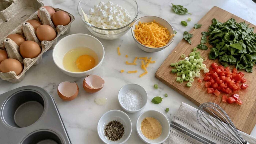 Cottage Cheese Egg Bites, cheese, vegetables, and seasonings are arranged on a counter with a whisk, muffin tin, and a striped towel, ready for high protein meal preparation inspired by Starbucks favorites.