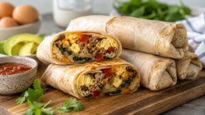 Four Freezer Breakfast Burritos on a wooden board, one cut open to reveal scrambled eggs, sausage, spinach, and bell peppers—the perfect high-protein meal prep option. In the background, you'll find salsa, avocado slices, cilantro, eggs, and fresh greens to complete this delicious breakfast spread.