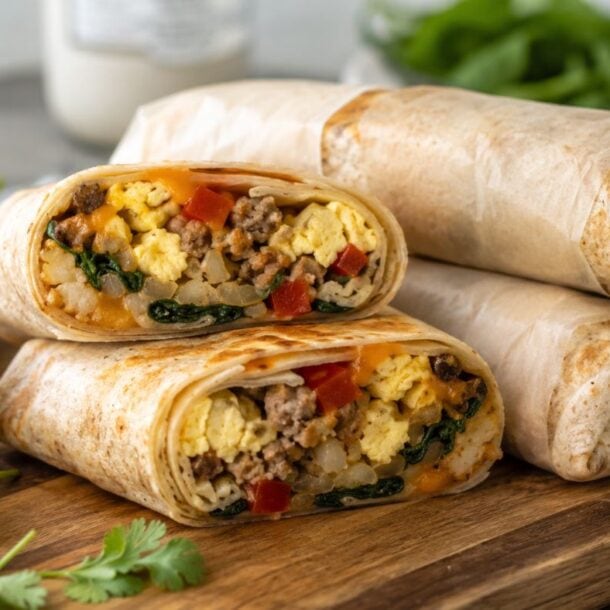 Four Freezer Breakfast Burritos on a wooden board, one cut open to reveal scrambled eggs, sausage, spinach, and bell peppers—the perfect high-protein meal prep option. In the background, you'll find salsa, avocado slices, cilantro, eggs, and fresh greens to complete this delicious breakfast spread.