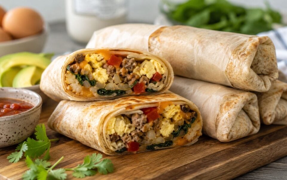Four Freezer Breakfast Burritos on a wooden board, one cut open to reveal scrambled eggs, sausage, spinach, and bell peppers—the perfect high-protein meal prep option. In the background, you'll find salsa, avocado slices, cilantro, eggs, and fresh greens to complete this delicious breakfast spread.