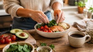 A person prepares a healthy no-cook meal with salmon, cherry tomatoes, spinach, and quinoa on a wooden table, surrounded by avocado, coffee, seeds, and fresh ingredients.