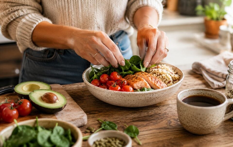 A person prepares a healthy no-cook meal with salmon, cherry tomatoes, spinach, and quinoa on a wooden table, surrounded by avocado, coffee, seeds, and fresh ingredients.
