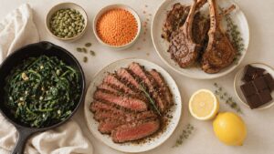A table with sliced steak, lamb chops rich in heme iron, sautéed greens in a skillet, bowls of non-heme iron sources like lentils and pumpkin seeds, dark chocolate pieces, two lemons, and fresh herbs on cream-colored linens.
