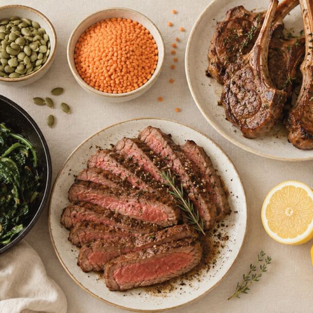 A table with sliced steak, lamb chops rich in heme iron, sautéed greens in a skillet, bowls of non-heme iron sources like lentils and pumpkin seeds, dark chocolate pieces, two lemons, and fresh herbs on cream-colored linens.