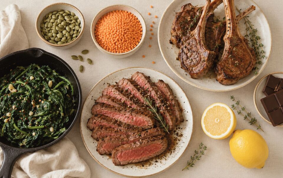 A table with sliced steak, lamb chops rich in heme iron, sautéed greens in a skillet, bowls of non-heme iron sources like lentils and pumpkin seeds, dark chocolate pieces, two lemons, and fresh herbs on cream-colored linens.