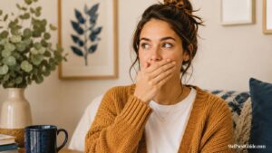 A woman wearing a brown sweater covers her mouth with her hand, looking to the side as if searching for hiccup remedies. She sits indoors near a blue mug and framed botanical art on the wall.